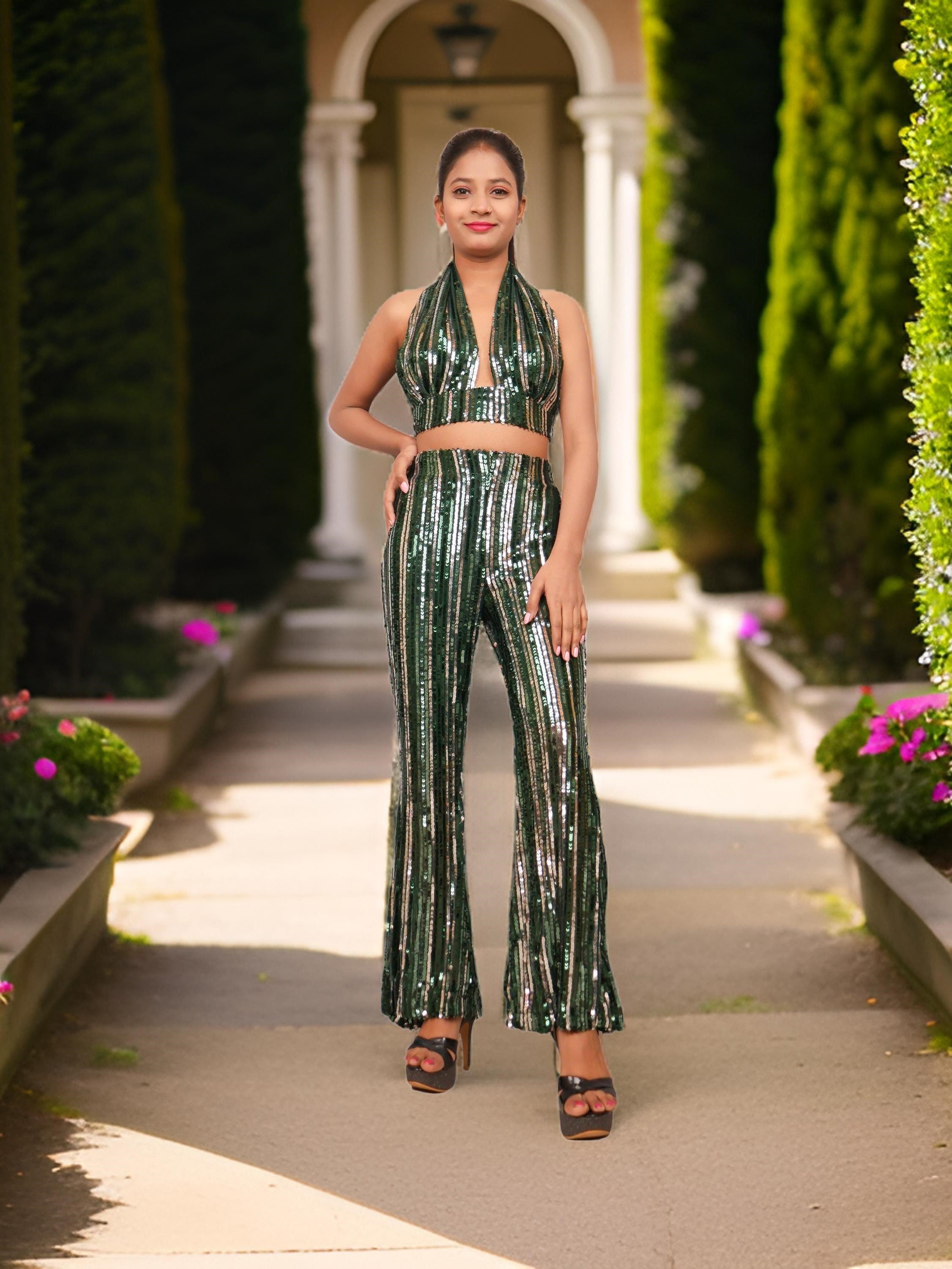 Glamour Halter Neck Sequins Bodycon Co-Ord Set by Shreekama