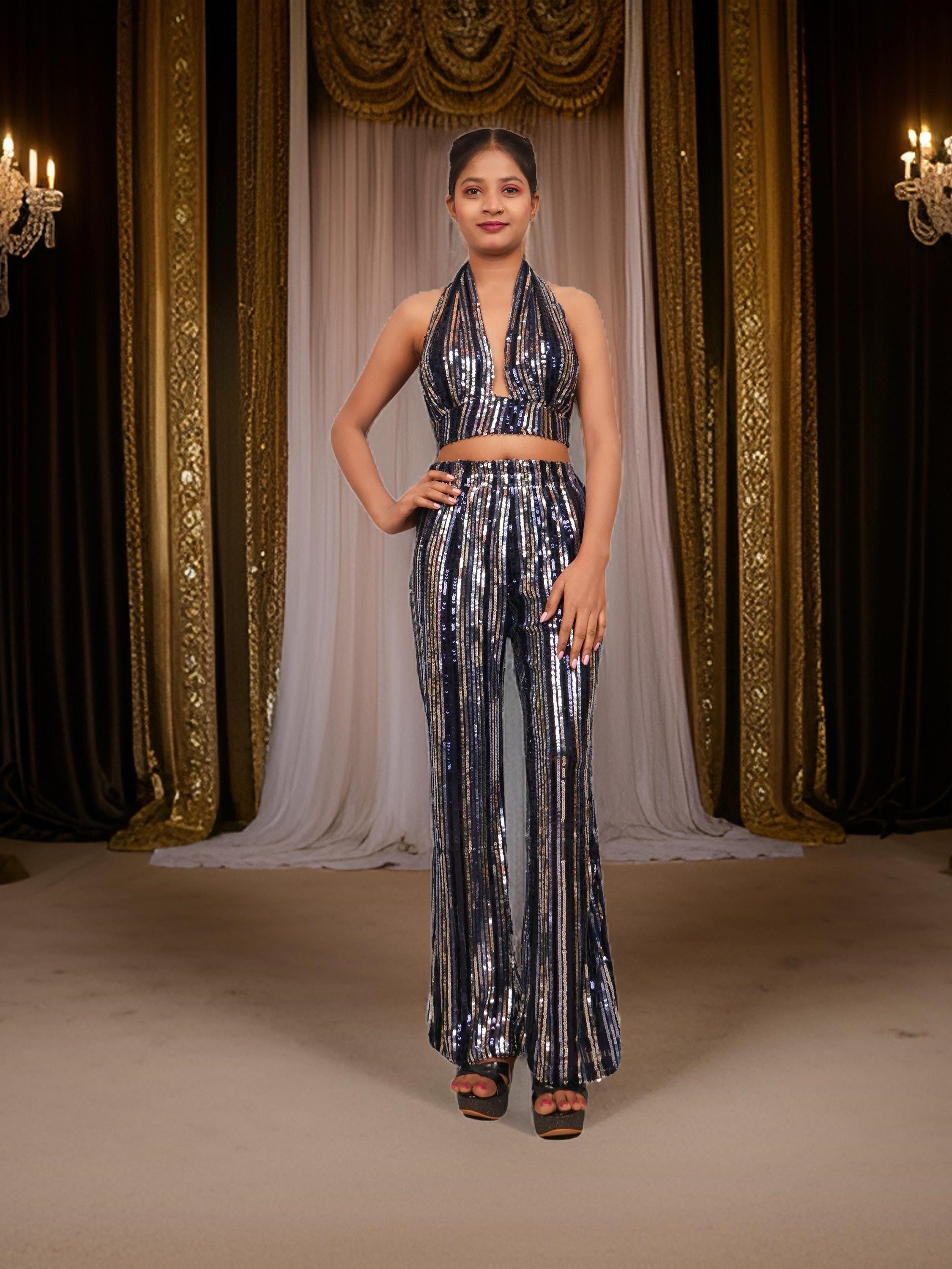 Glamour Halter Neck Sequins Bodycon Co-Ord Set by Shreekama