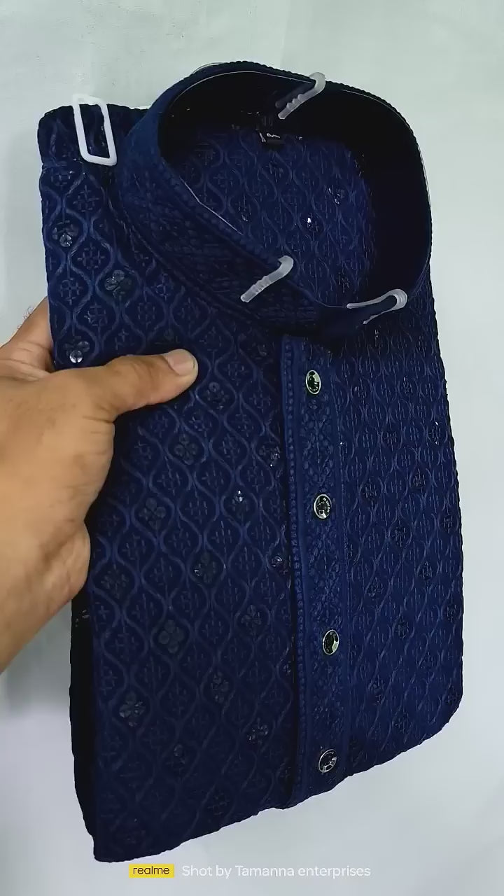 Navy Blue Chikankari Embroidered Kurta for Men | Kaarigari Fashion